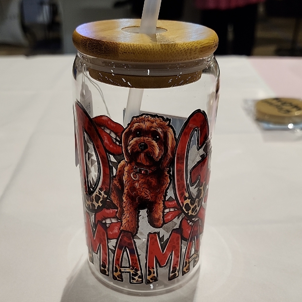 Dog Mama Glass Tumbler with Straw
